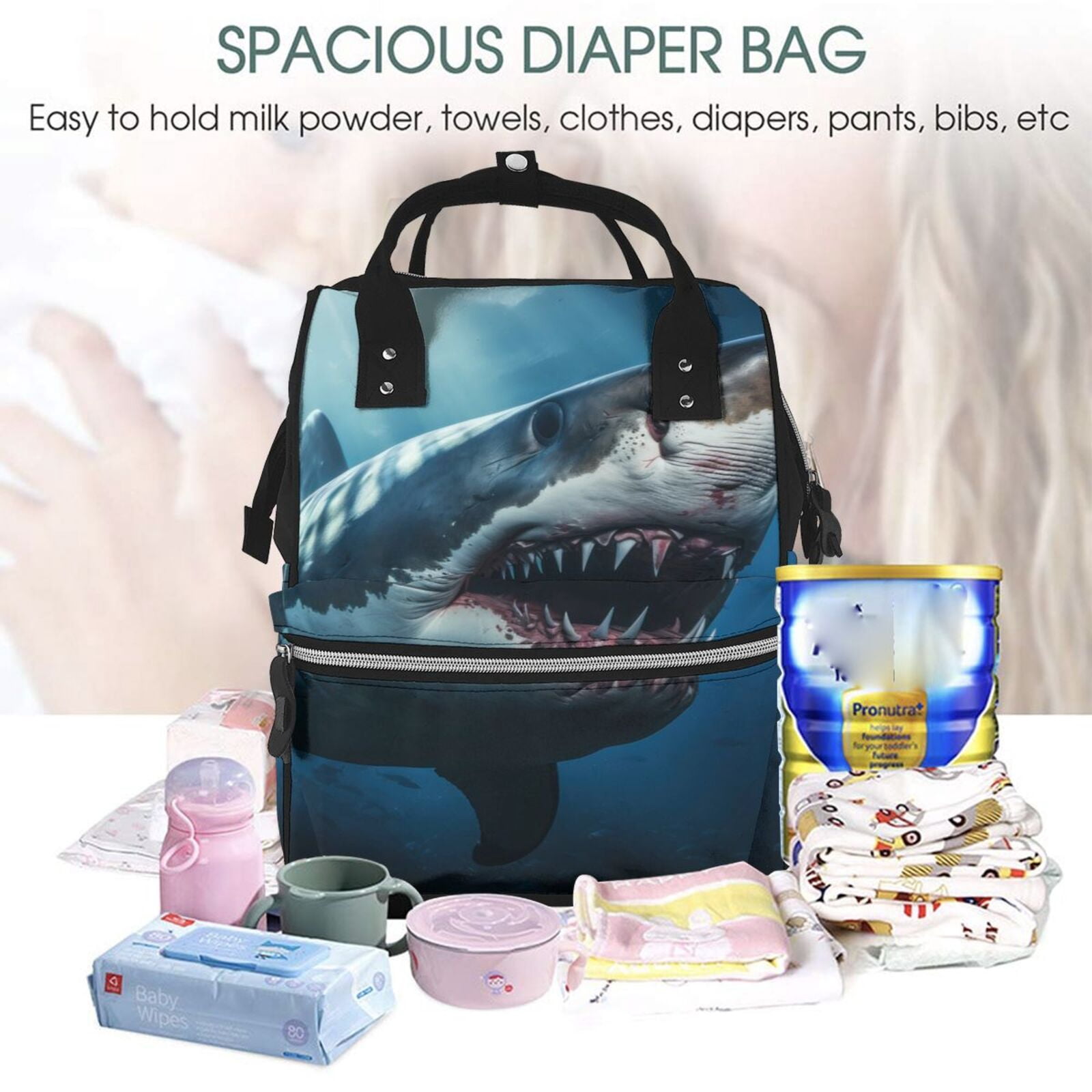 Ratiio 3D Realistic Shark Mummy Backpack - Waterproof Twill Canvas, Large Capacity Diaper Bag with Multiple Pockets and Adjustable Straps