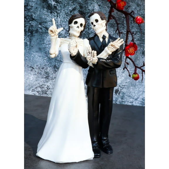 Love Never Dies Skeleton Wedding Couple Bride and Groom Love Hand Sign Figurine