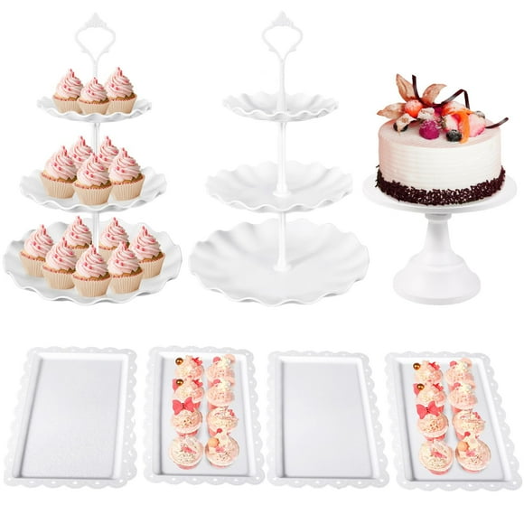 7 Pcs Dessert Table Stand Set 2 Pcs 3-Tier Plastic Cupcake Stands 1 Pc Metal White Cake Stand for Party Cookie Tray Rack Serving Tray Display Tower and 4 Pc Dessert Tray