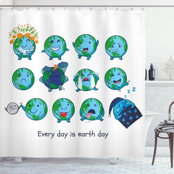 Emoji Shower Curtain, Planet Earth as Smiley Angry Happy Sad Cheerful Faces Expressions and a Quote Print, Fabric Bathroom Set with Hooks, 69W X 84L Inches Extra Long, Multicolor, by Ambesonne