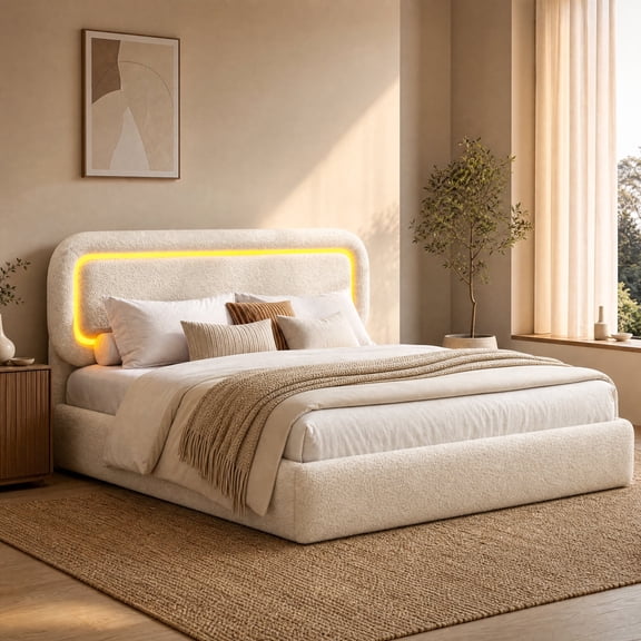 melmine Cloud Bed Frame Queen with Rounded Corner Boucle Bed Frame with Upholstered Headboard & LED Light,Beige