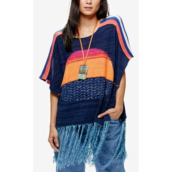 Free People Womens Sunset Fringe Sweater Blue Combo M/L