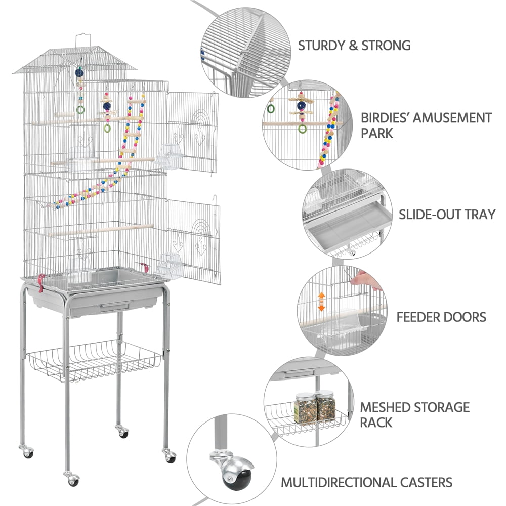 Alden Design 62.4" H Rolling Mid-Size Metal Bird Cage with Perches, Light Gray
