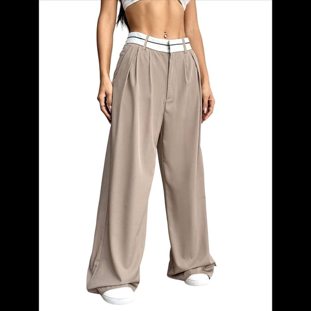 Pantalones Anchos de Cintura Alta para Mujer, para y Otoño. Pantalones Informales de Trabajo y Negocios. Caqui M