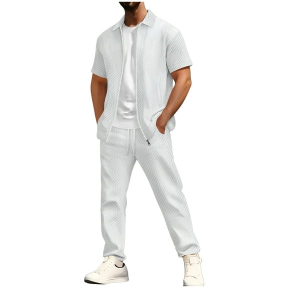 WRKEKC Mens 2 Piece Outfits Summer Casual Solid Color Short Sleeve Lapel Collar Shirt with Elastic Waist Pants Set for Daily Commute