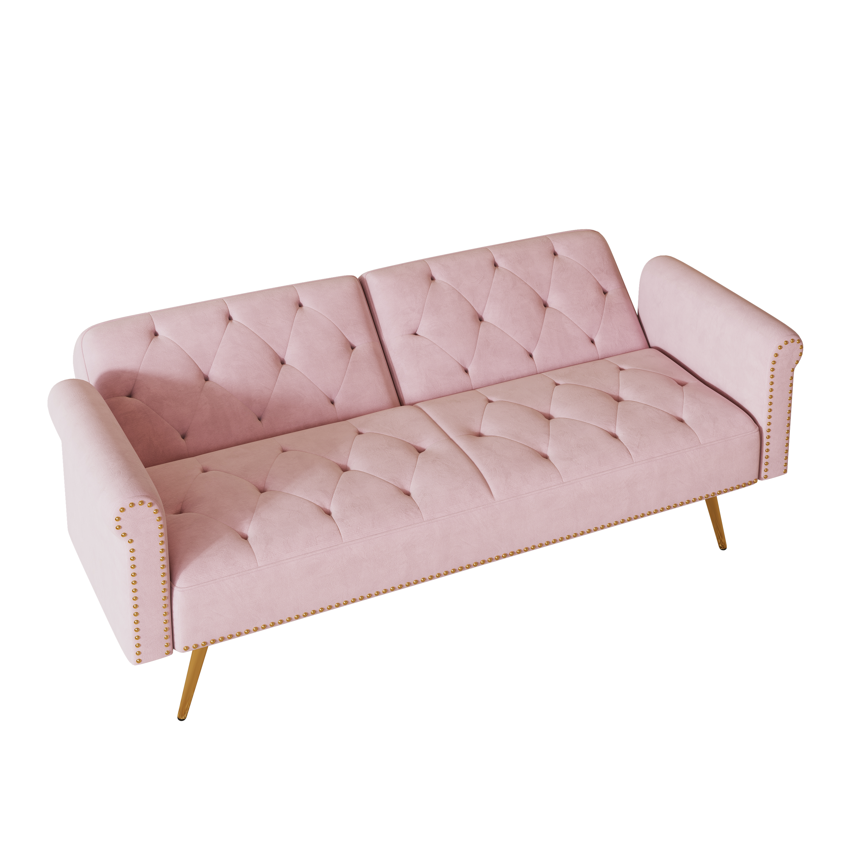 69.7" Ultra-Soft Pink Velvet Convertible Sofa Bed, Nailhead Trim with Cozy Matching Throw Pillow