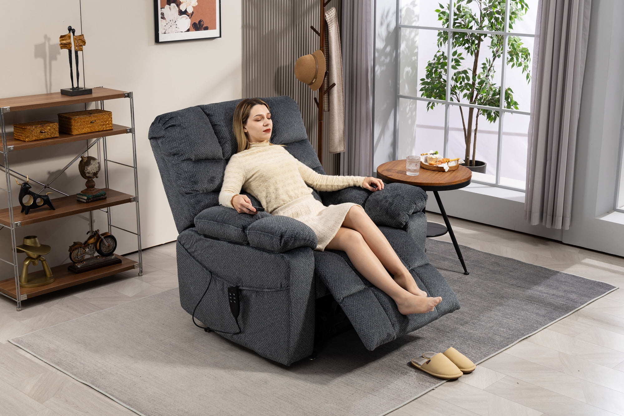 Triple Motor Zero Gravity Power Lift Recliner Chair for Elderly Adults, Electric Lay Flat Recliner with Heat and Massage, Adjustable Seat Height, 2 Arm Storage, 3 Cup Holders, Lumbar Pillow