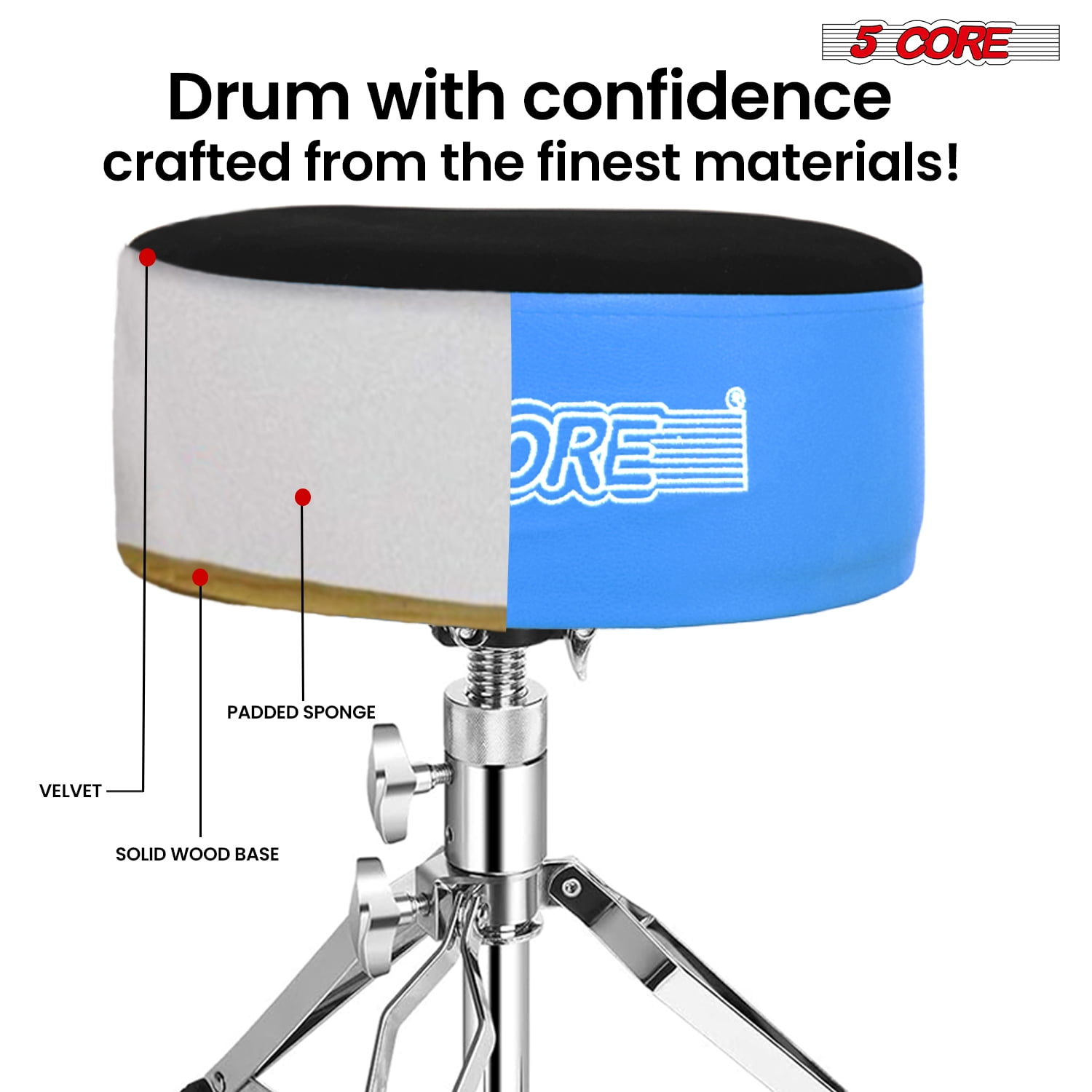 5 Core Drum Throne 5" Padded Guitar Stool Adjustable 310lbs Capacity Heavy Duty Seat w Velvet Top