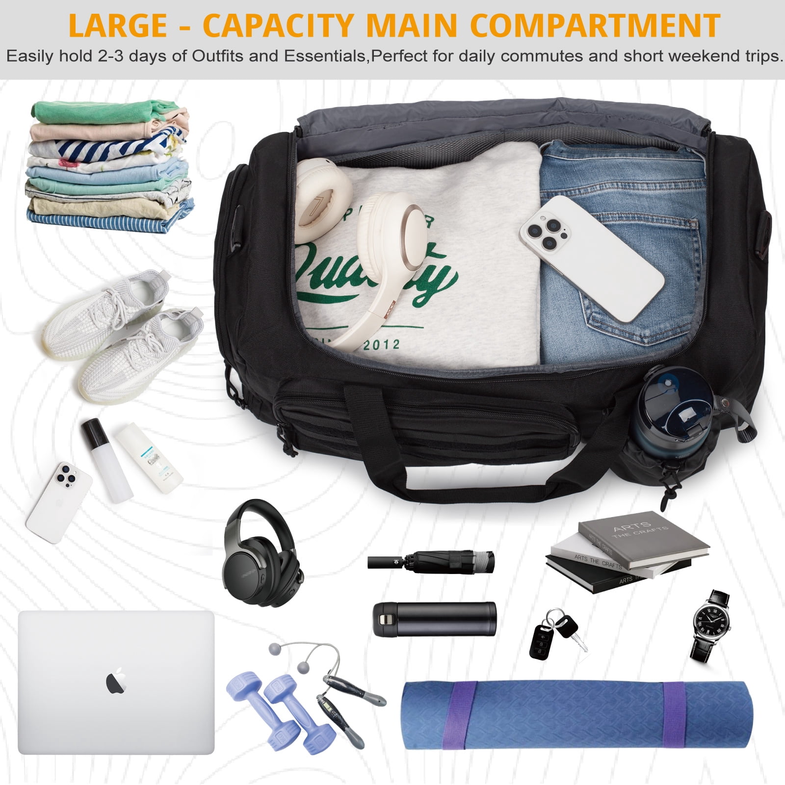TRIPGEAR Large 40L 2-in-1 Convertible Sports Bag, Multi-functional Travel Duffle with Shoe Compartment for Daily Use