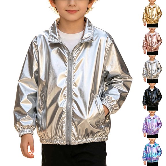 QSXADF Unisex Boys Girls Shiny Jacket Kids Crop Jacket Solid Shiny Stand Collar Zip Up Jacket Casual Fall Boys Girls Outerwear Children's Outwear