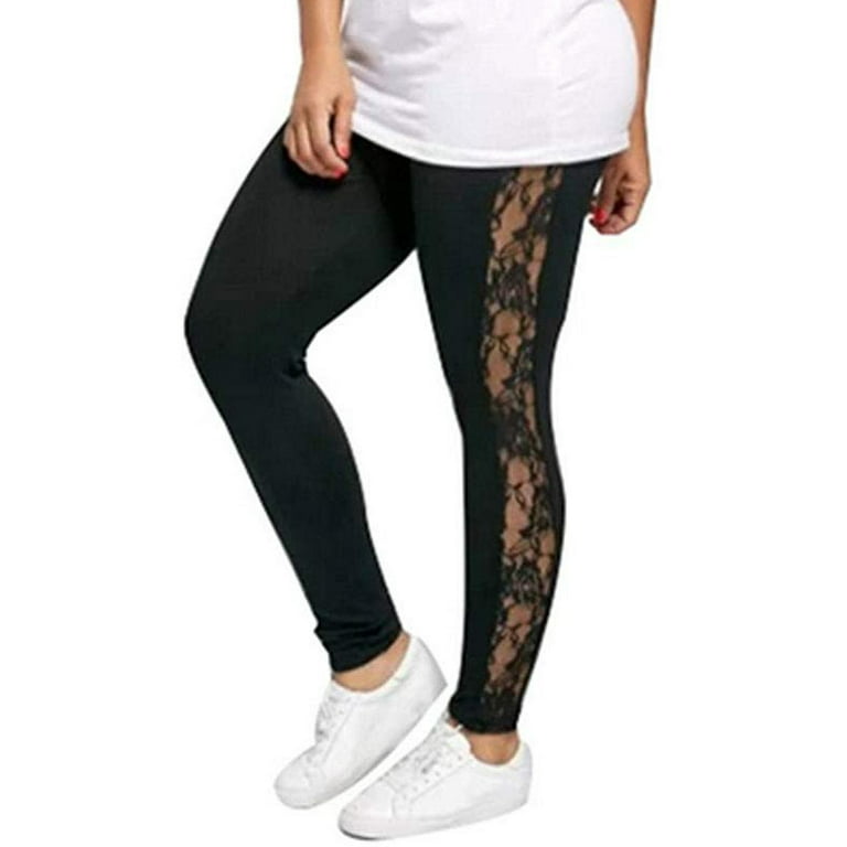 Womens Ladies Floral Lace Side Panel Cut Out Black Leggings Plus Size