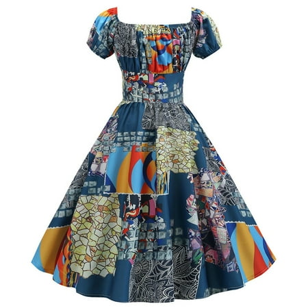 QYZEU Casual Summer Dresses for Women 2024 Women Vintage Retro Dress Short Sleeve Print Evening Party Gown Prom Swing Dress Lightweight Linen Midi Dresses for Women Hot Pink L