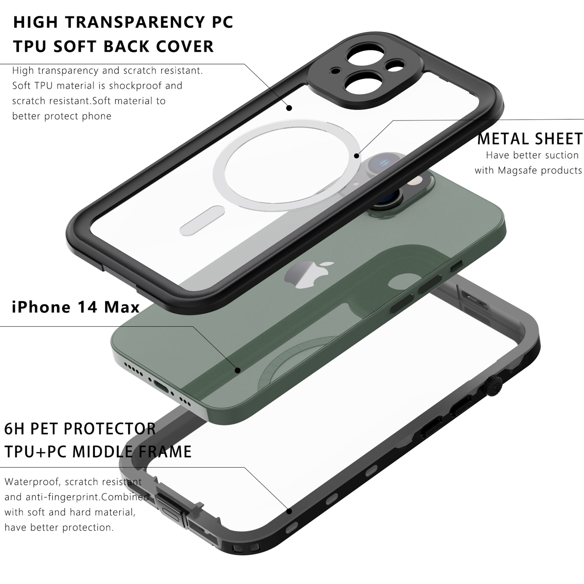 iPhone 14 Waterproof Case, Dteck Full Body Heavy Duty Protection Full Sealed Cover Shockproof Dustproof Built-in Clear Screen Protector Rugged Case for Apple iPhone 14 6.1 inch 2022,Black