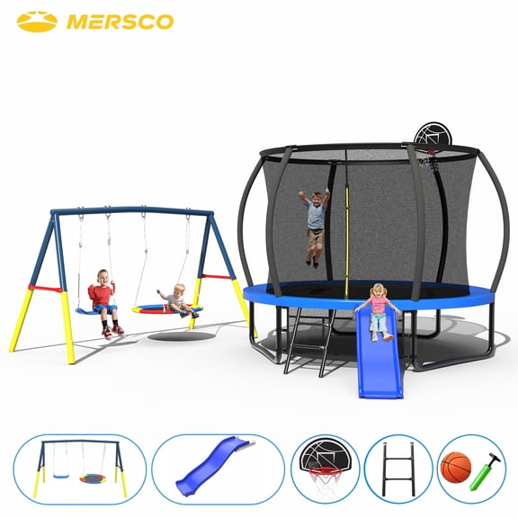 Mersco 10FT Heavy Duty Trampoline Outdoor for Backyard with Enclosure Net ,Slide,Swing Set , with Basketball Hoop,Birthday and Holiday Gifts,Blue