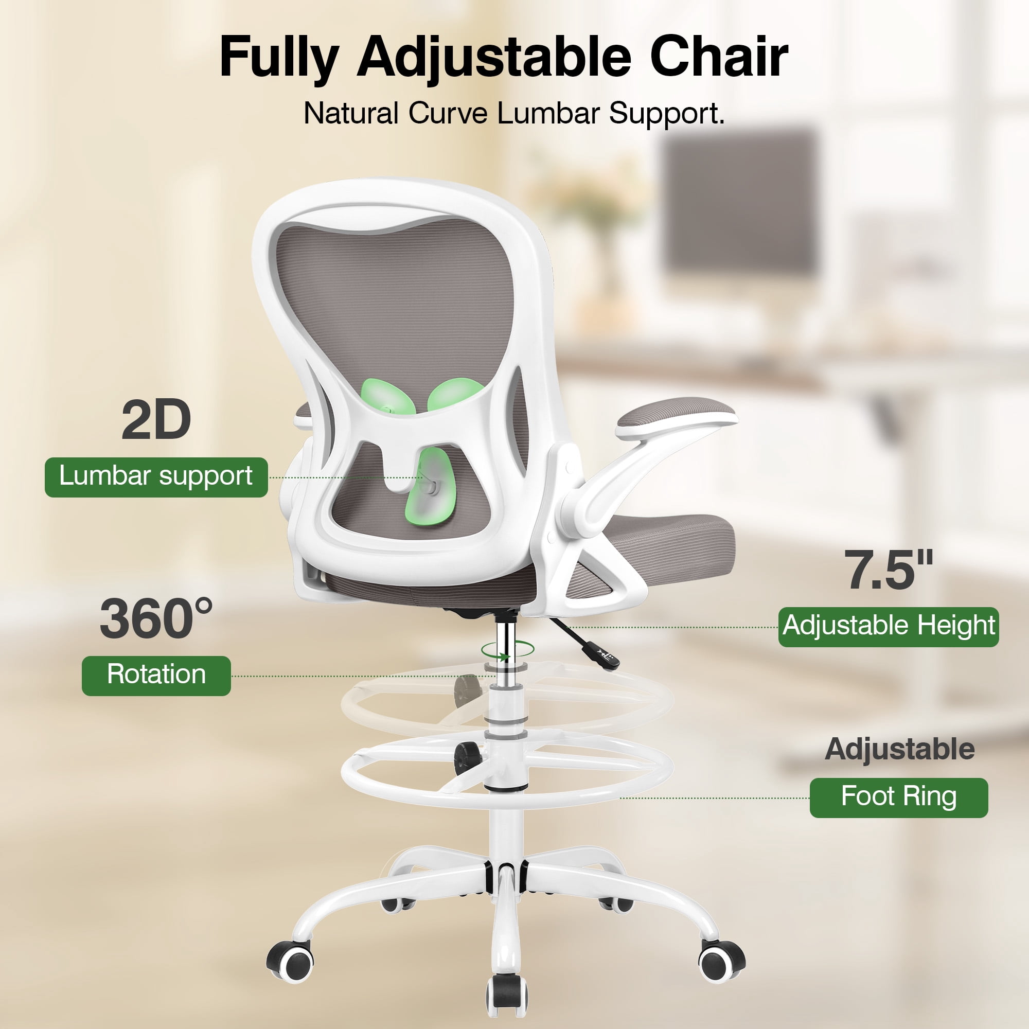 ATHOPE Ergonomic Office Chair, Mesh Desk Chair with Lumbar Support, Tall Office Chair with Flip-Up Armrests and Footrest Ring, Adjustable Computer Chair for Standing Desk Home Office, Gray