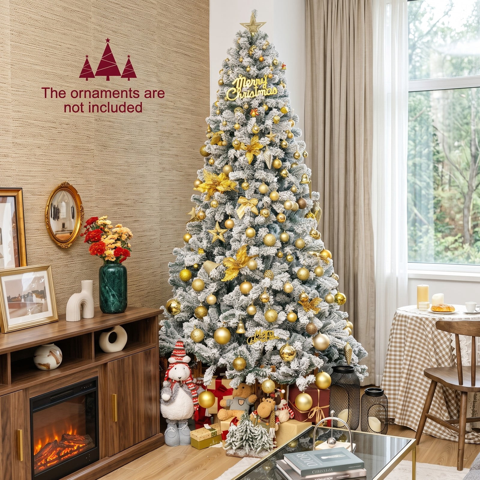 RUIE 9 FT Artificial Christmas Tree, Premium Snow Flocked Hinged Full Xmas Tree with Metal Stand, 1498 Branch Tips PVC Holiday Tree for Home Office Party Indoor, White
