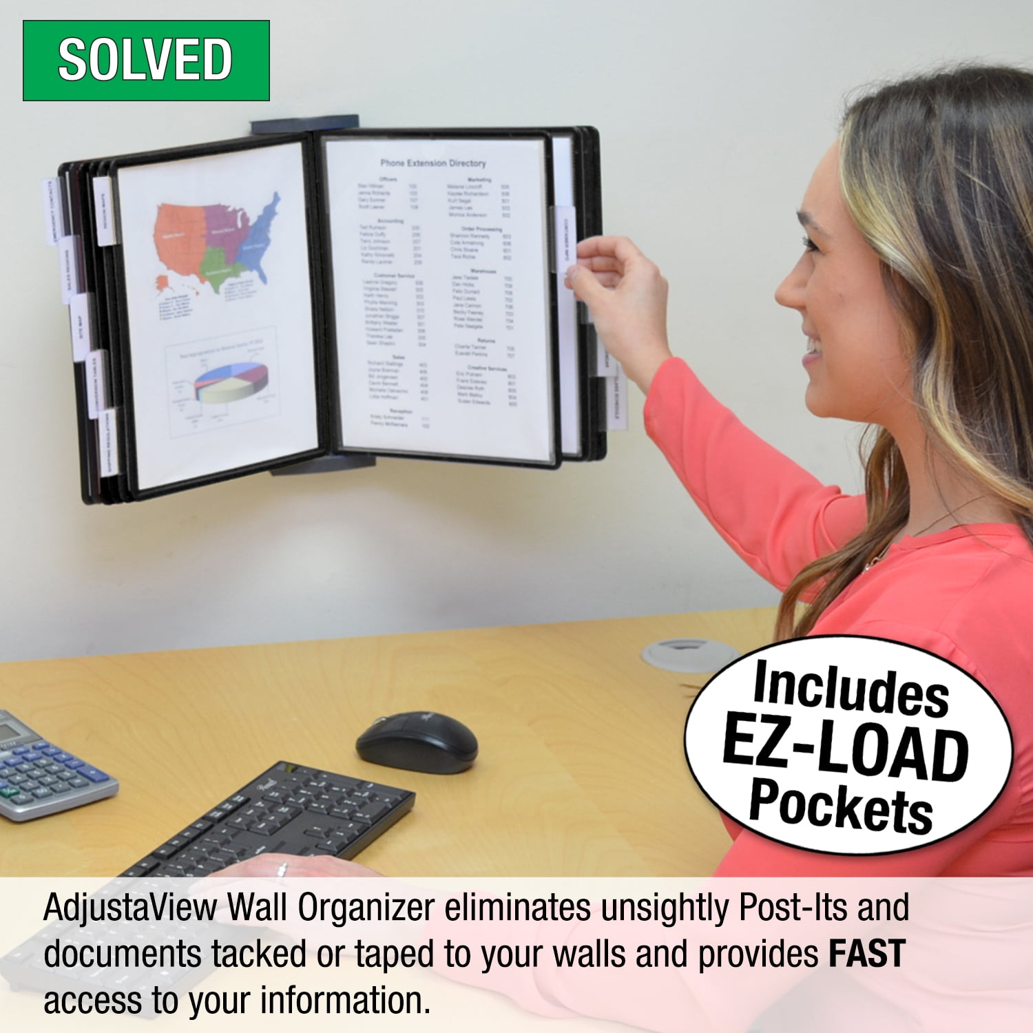 Ultimate Office AdjustaView™ 10-Pocket Wall Reference Organizer with Easy-Load Pockets and Mounting Screws, Black Pockets
