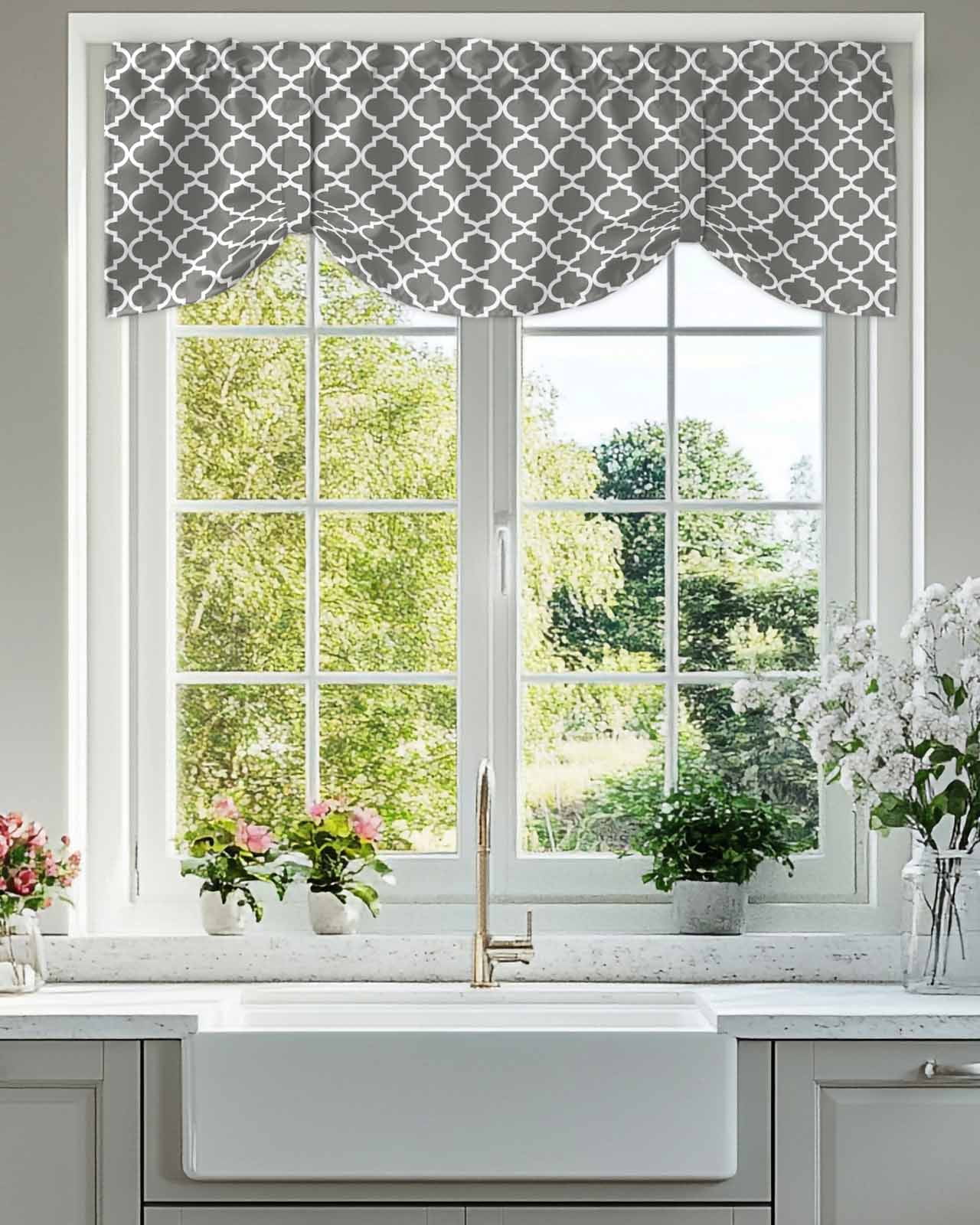 Moroccan Tie Up Valances Curtain, Adjustable Kitchen Grey Geometric Valances for Windows Decor, Rod Pocket Short Curtains Set for Bedroom/Bathroom, 54"x18"