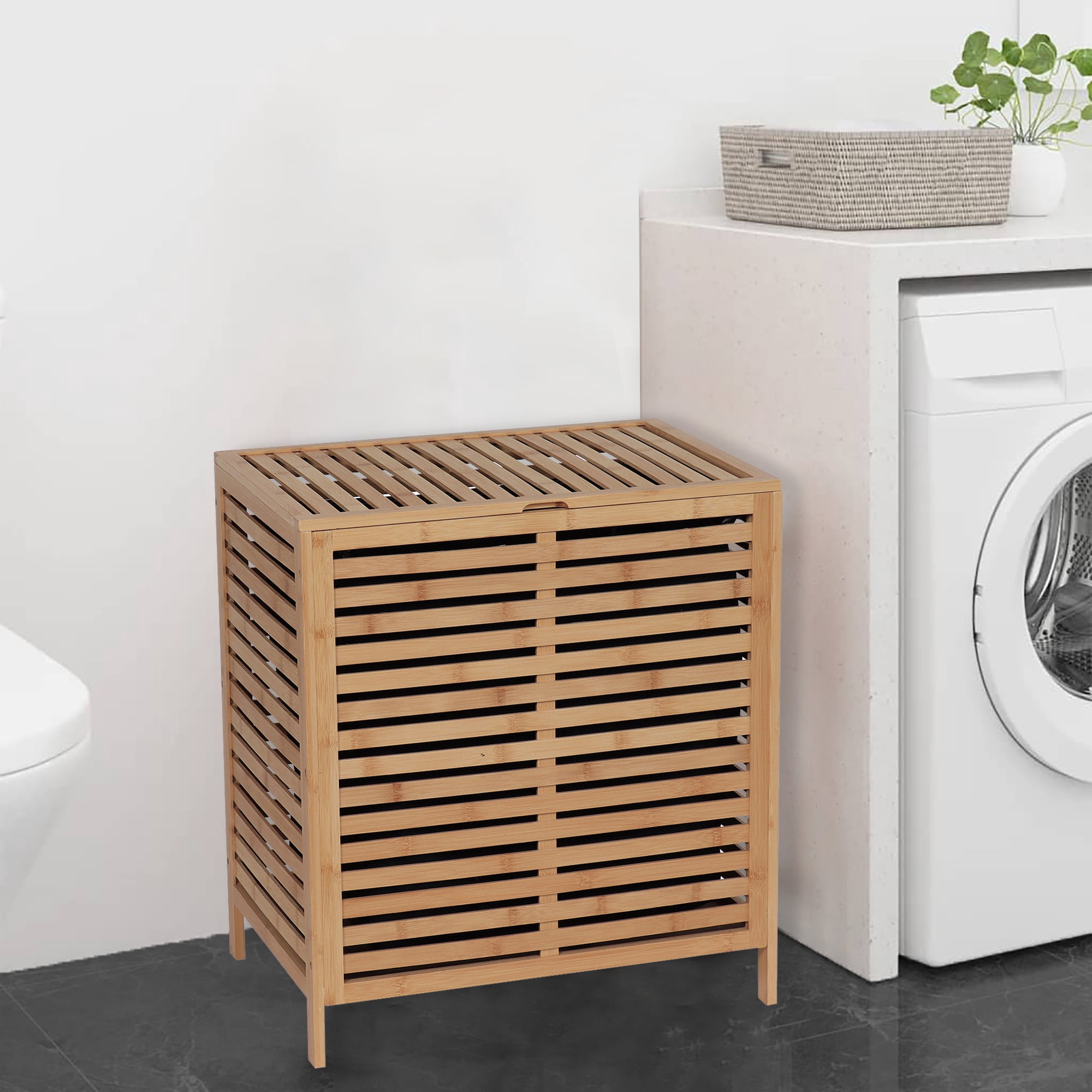 Bamboo Laundry Hamper with Lid, Removable Bag, Slatted Ventilation Design, Large Storage Basket, Perfect for Bathroom  Laundry Room