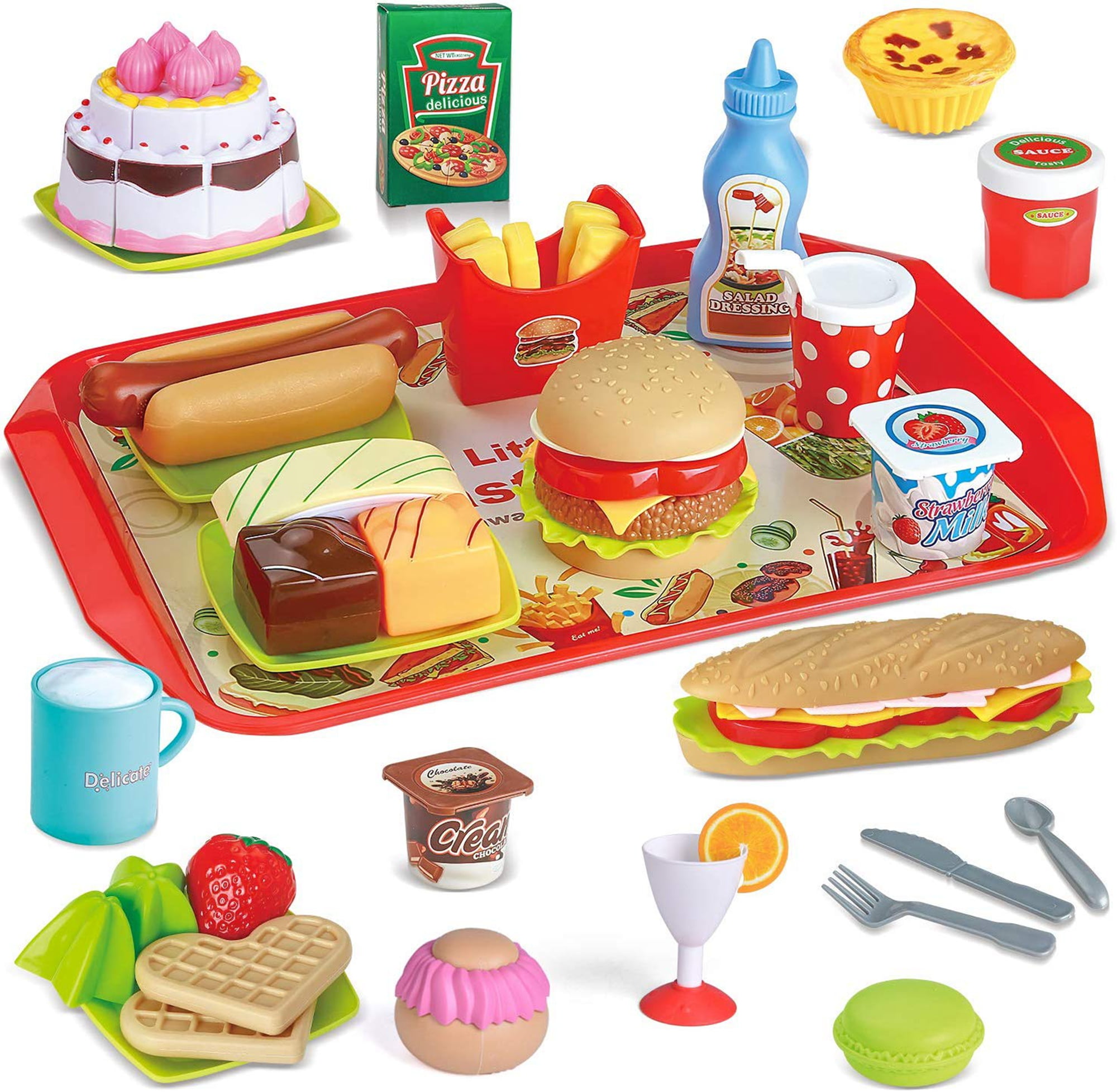 Fun Little Toys 49 PCs Play Food for Kids Kitchen, Toy Foods with Cutting Fruits, Cake and Fast