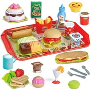 Fun Little Toys 49 Pcs Play Food for Kids Kitchen, Toy Foods with Cutting Fruits, Cake and Fast Food for Pretend Play