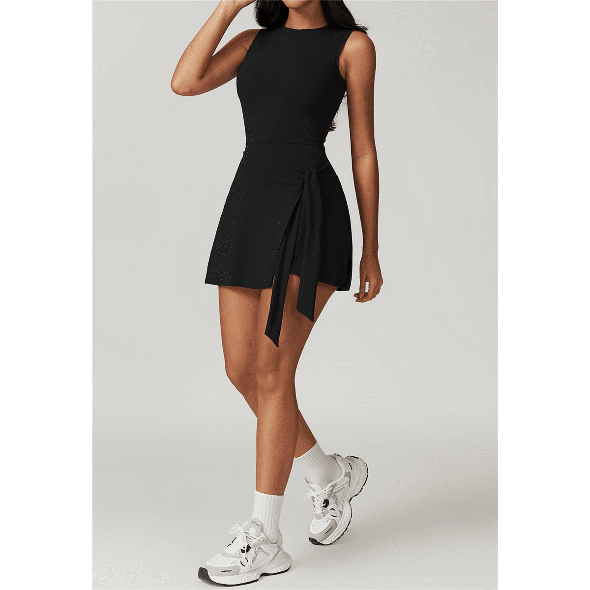 Womens High Neck Tennis Dress Sleeveless Wrap Skirt Built in Shorts Golf Athletic Dress Workout Rompers Advanced Black S