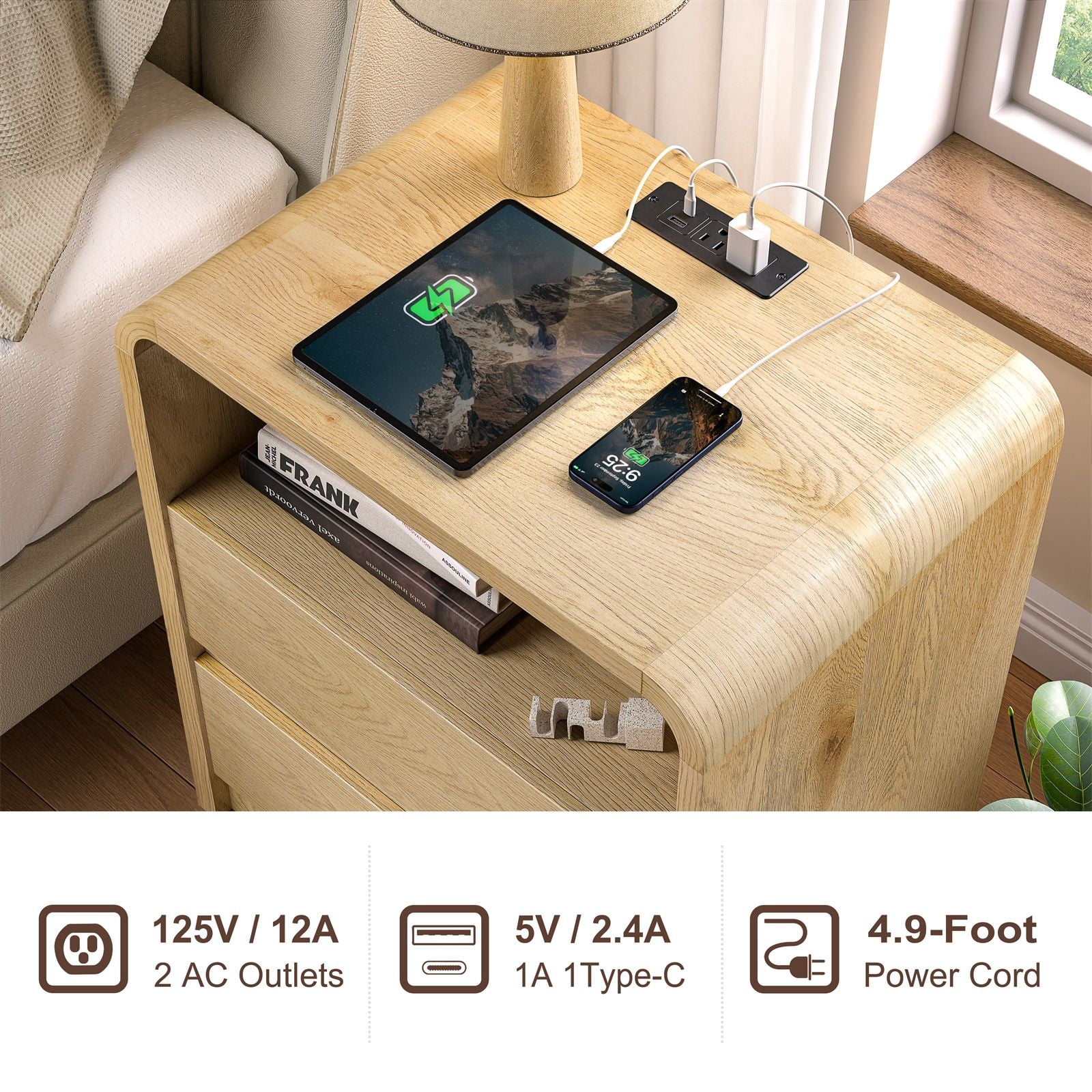 Hommoo Modern 25" Wood Nightstand with Built-in Charging Station, 2-Drawer Mid-Century Bedside Table with 2 AC Outlets & 2 USB Ports, Natural