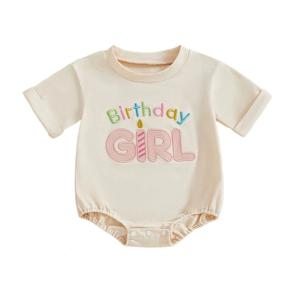 JAJAHO Baby Girls Rompers Birthday Girl Outfit Short Sleeve Letter Embroidery Bodysuits 6-18M