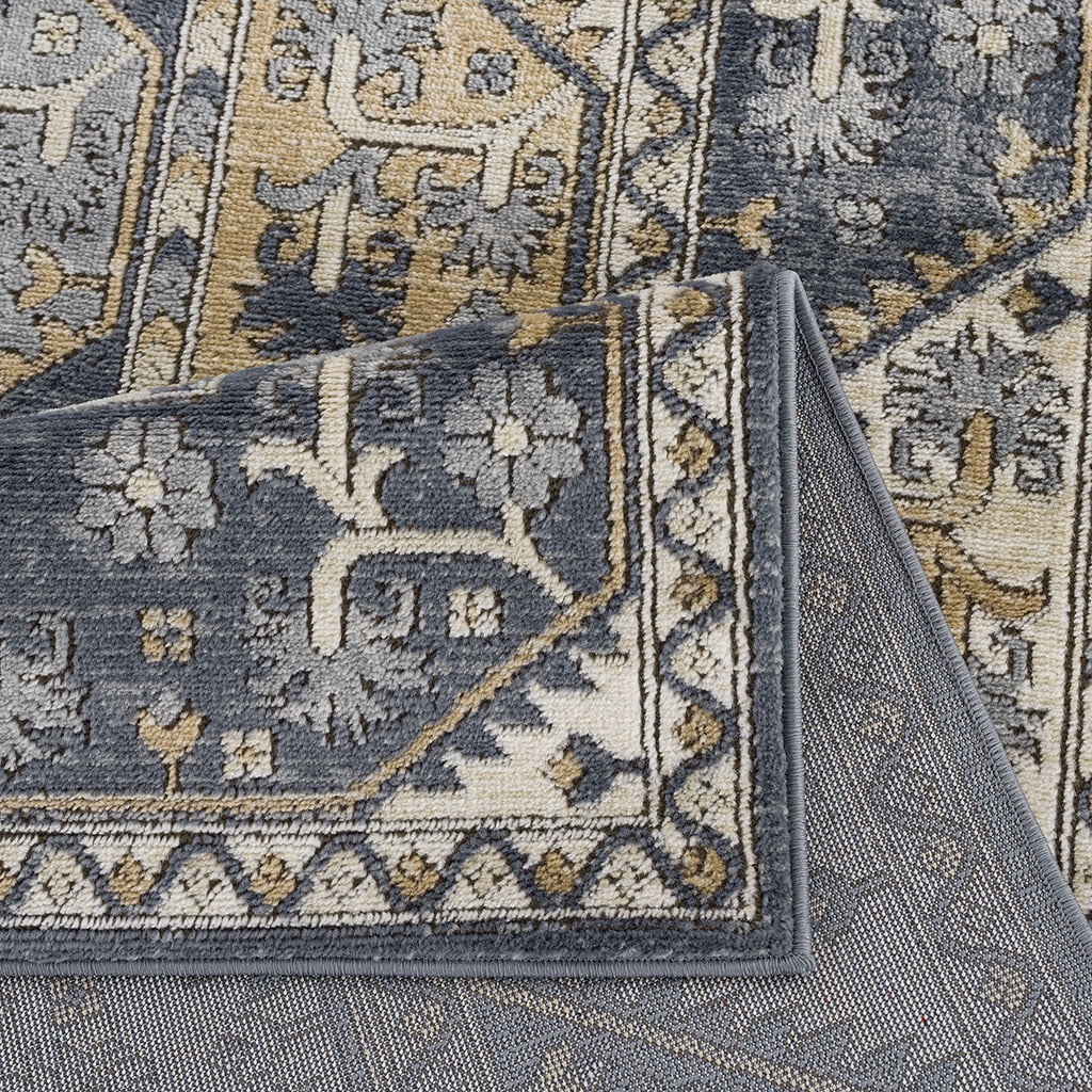 MAYEERTY 8x10' Tiled Border Area Rug Blue Cream Polyester