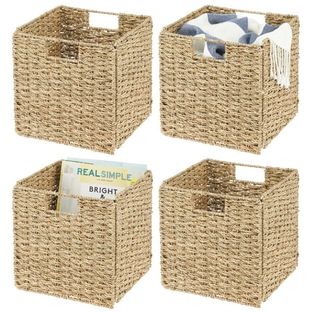 mDesign Seagrass Woven Cube Bin Basket Organizer  Handles  4 Pack - Natural/Tan