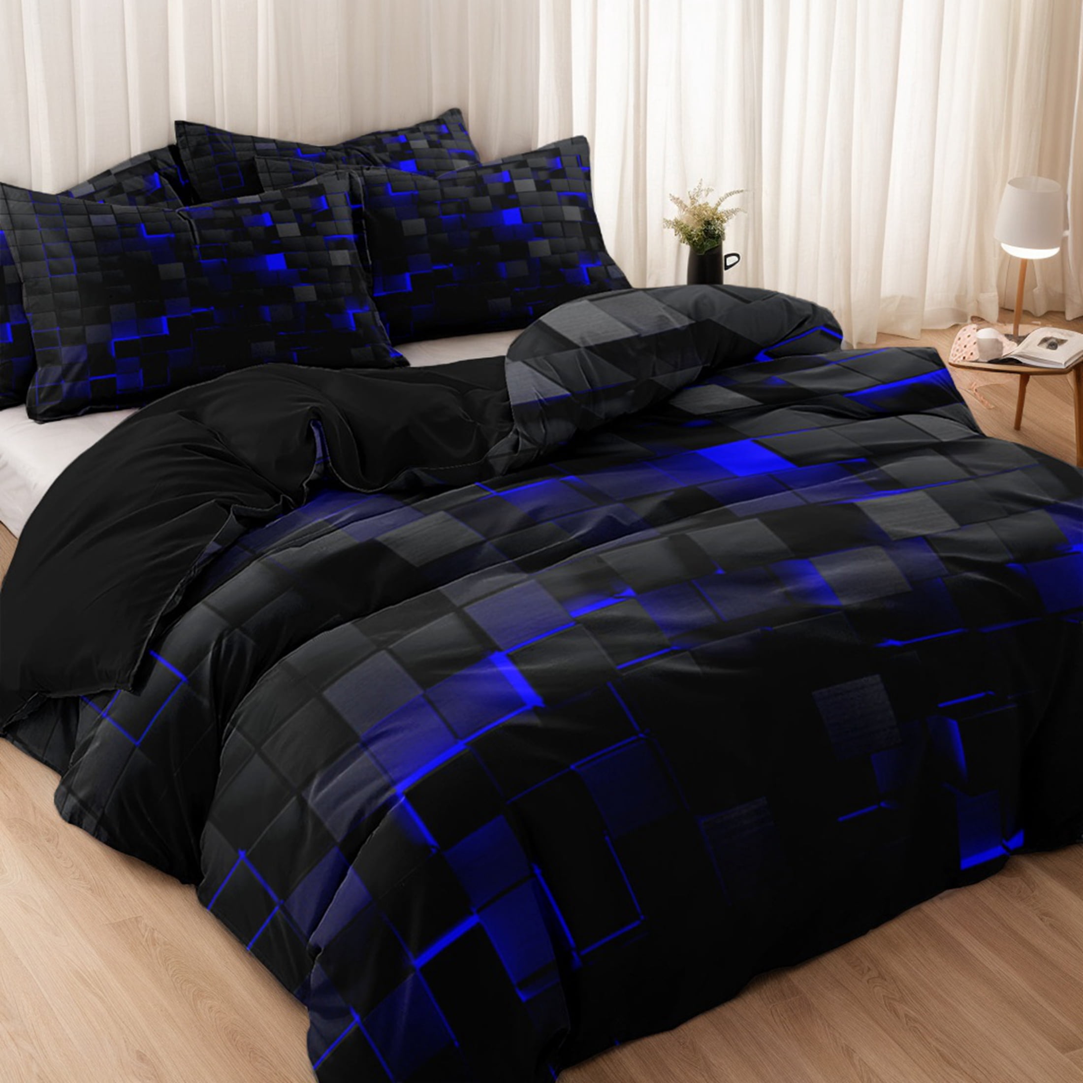 Orylavena Blue 3D Block Microfiber Duvet Cover Set, Black Back, Twin/Full/Queen/King