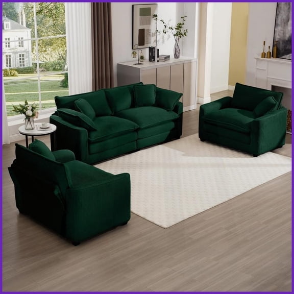 Green Corduroy 3-Piece Sofa Set – Classic Modern Style for Living Room/Home Theater with Plush Cushions