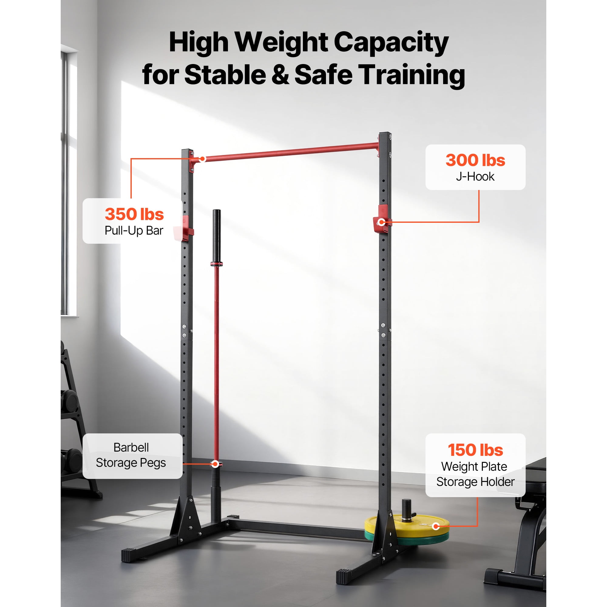 KFFKFF Power Cage Squat Rack, Versatile Workout Equipment with 28-Level Adjustable J-Hooks, 800LBS Capacity for Strength Training, Barbell Squats, Pull-Ups, and Weight Lifting at Home