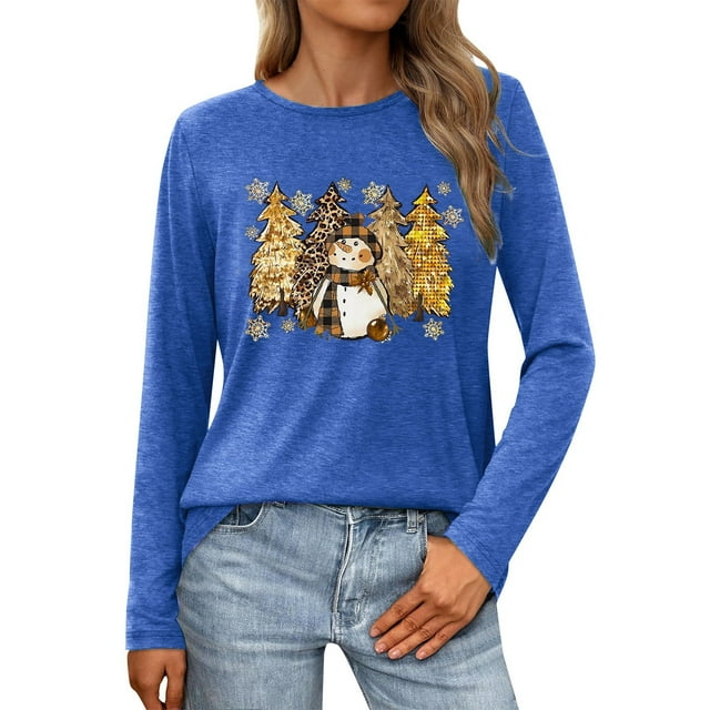 SNKSDGM Hauts à Manches Longues pour Femmes Décontracté Chic Printemps 2026 T-Shirt de Noël pour Femmes Imprimé Lettre T-Shirt Graphique Arbre de Noël Col Rond Manches Longues TTG