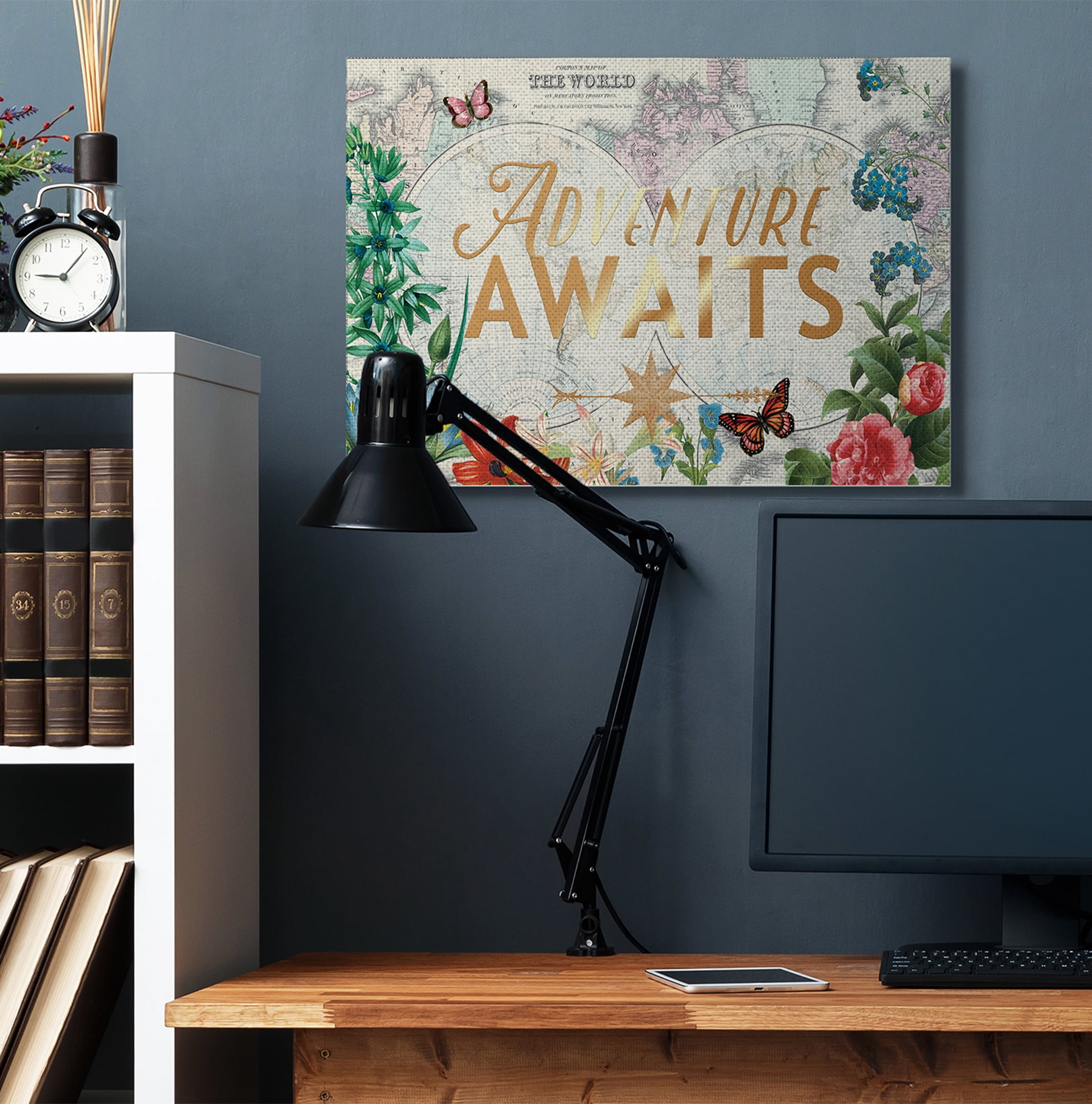Stupell Home Décor Adventure Awaits Globe Map Flower Word Design Canvas Wall Art by Ophelia and Company