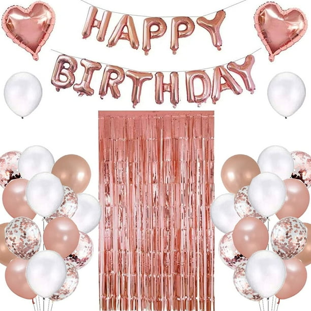 Juego de decoraciones de fiesta de cumpleaños de oro rosa con globo de feliz cumpleaños de oro rosa, confeti y globo de látex, cortina de flecos de globo de papel de aluminio para suministros de fiest