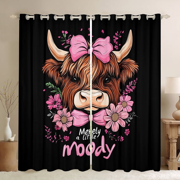 jejeloiu Pink Bowknot Daisy Black Out Curtains,Cute Highland Cow Curtains Pack of 2 (42x63 Each),Country Farm Animal Bedroom Curtains For Girls Kids,Luxury Bedroom Decor
