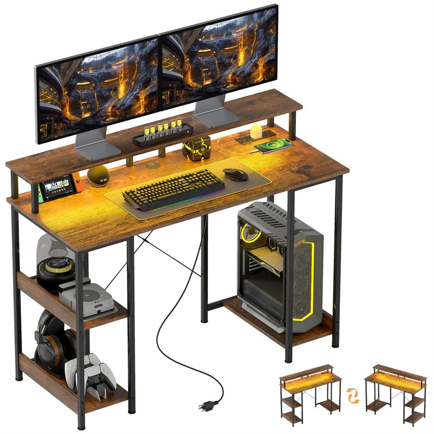 Demi Bonn 47" Reversible Office Desk with LED Lights and Power Outlets, Home Computer Desk for Living Room, Office, Study Table PC Desks, Brown