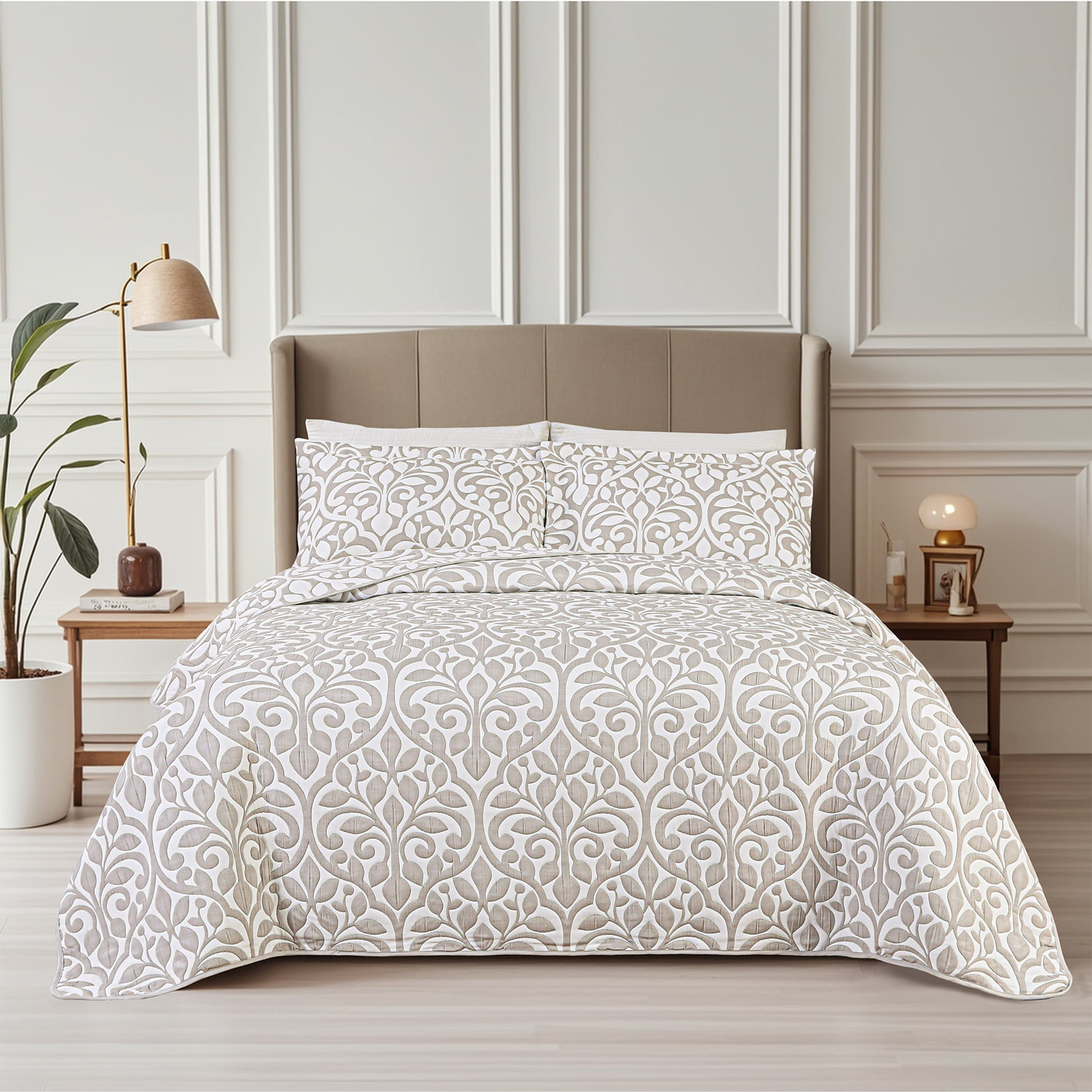 Couvre-lit brodé en jacquard Marina Decoration, couvre-lit ultra doux, parure de lit réversible d'été avec taies d'oreiller matelassées, motif de feuilles grises