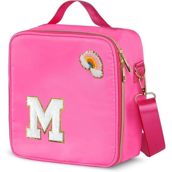 shiyou-Insulated Nylon Lunch Box for Girls, Kids, and Women-Stylish (Letter 'M'),Pink Preppy Large Lunch Bag with Adjustable Strap, Tote for School, Travel, and Picnics-Ideal Preppy Stuff Choice