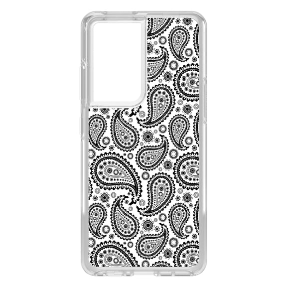DistinctInk Clear Shockproof Hybrid Case for Galaxy S21 ULTRA 5G (6.8" Screen) - TPU Bumper, Acrylic Back, Tempered Glass Screen Protector - Black & White Paisley