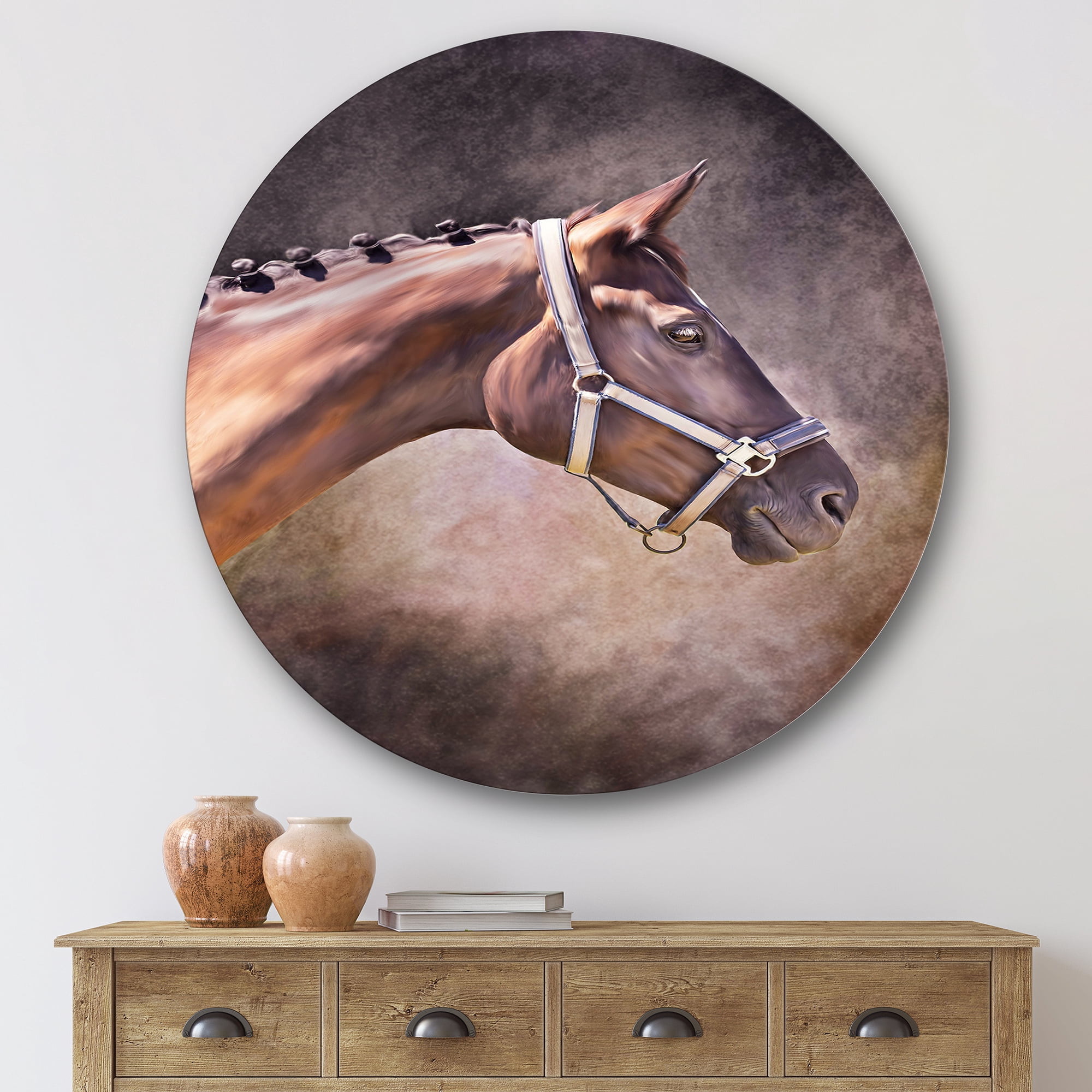 Designart 'Close Up Portrait Of Brown Horse' Farmhouse Circle Metal Wall Art 36x36 - Disc of 36