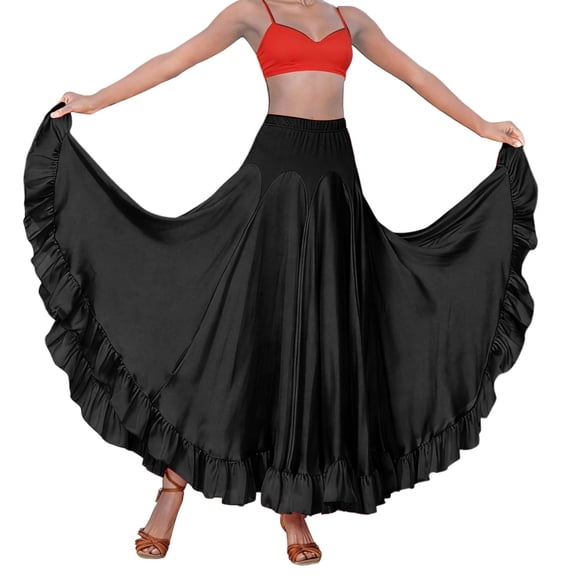 Womens Spanish Folk Skirts Flared Midi Length Elegant Ruffle Performance Dance Skirt Black L