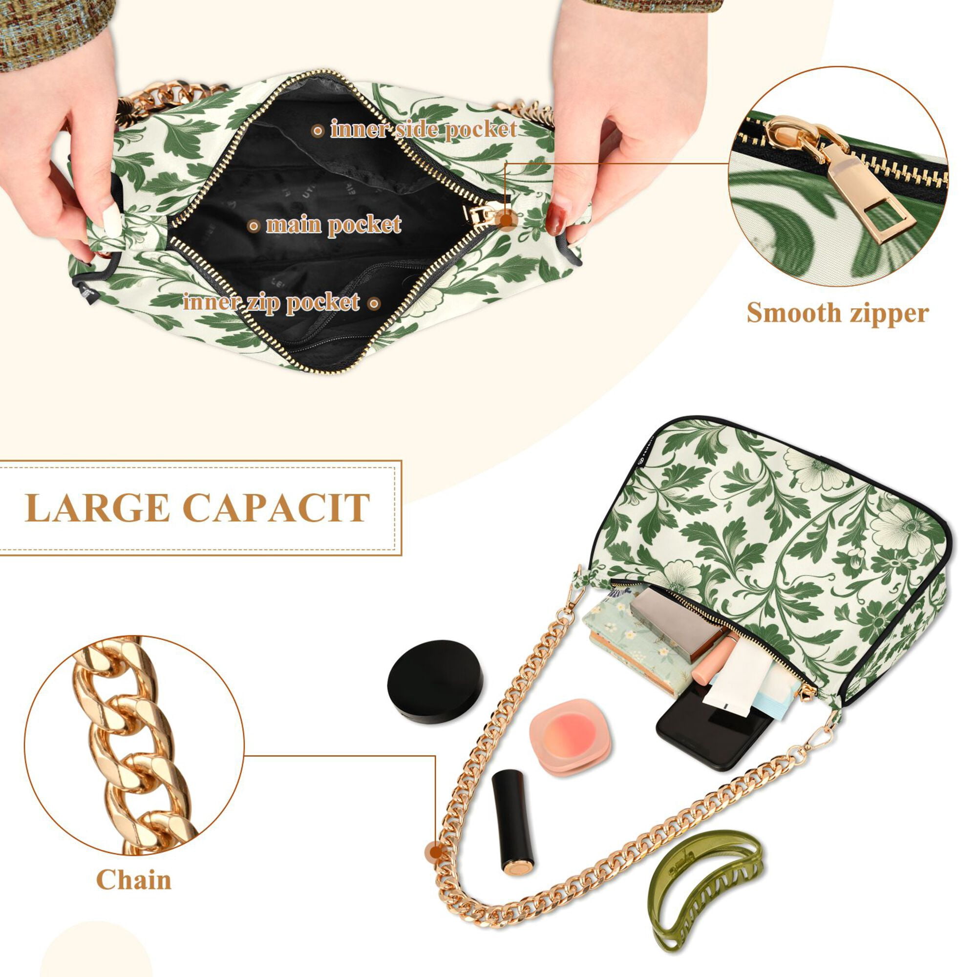 FORMRS Womens Shoulder Bag with Chain Strap Clutch Purse Cute Tote Handbag, Green Floral