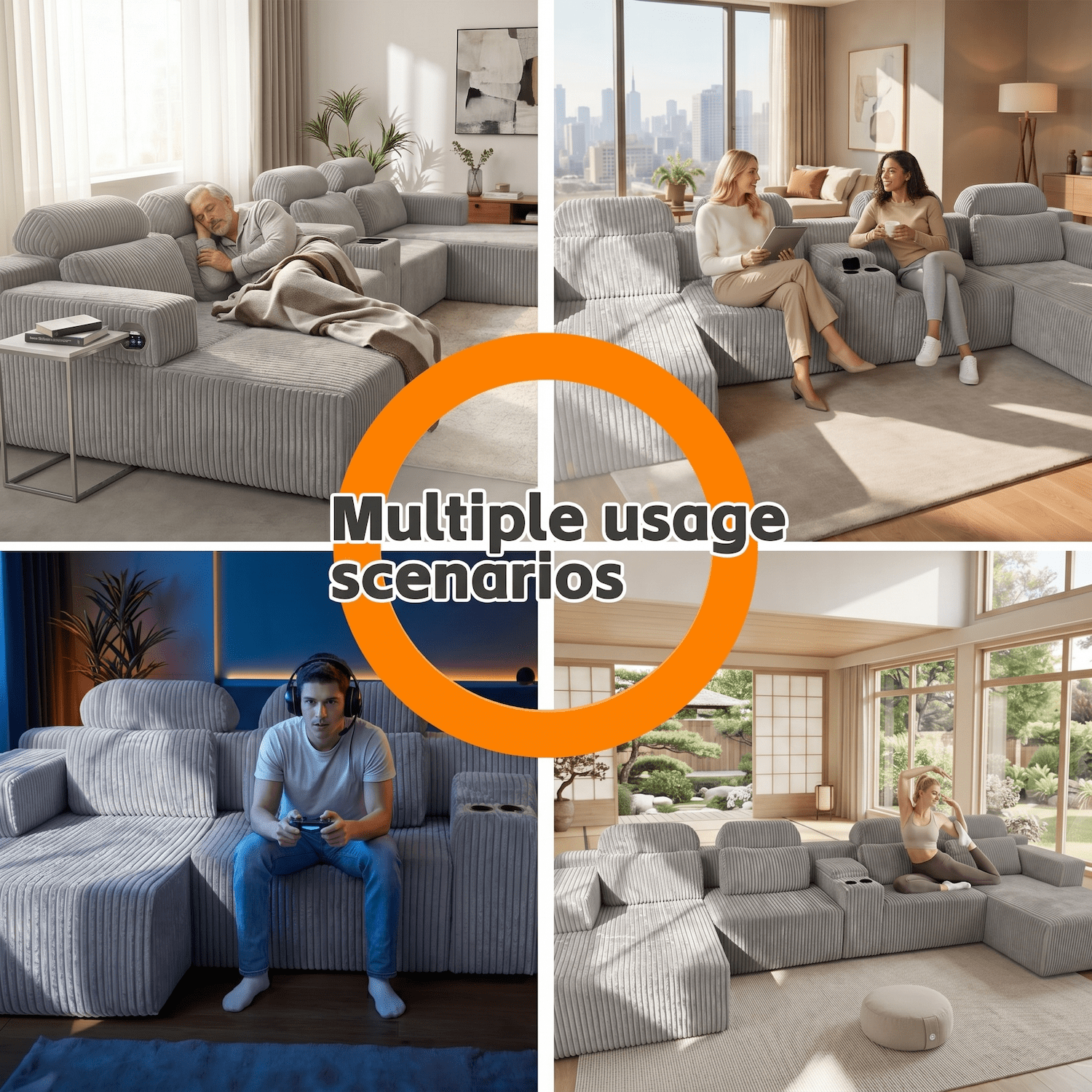 Xiweot Cloud Couch Modular Sectional Sofa, 146" Oversized 6 Seat U Shaped Convertible Couch with Chaise, Cup Holders & Storage, Corduroy Comfy Upholstered Deep Seat Sofa for Living Room, Gray