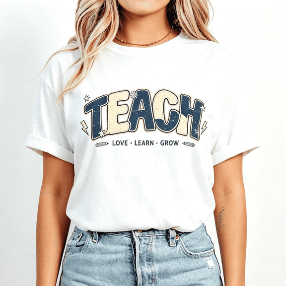 “Teach Love Learn Grow” Retro Teacher T-Shirt – Cute Vintage Graphic Tee, Teacher Appreciation Gift for Women Men, 100% Cotton