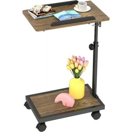 

C Shaped End Table with Rolling Wheels Height Adjustable Sofa Side Table for Small Spaces Tiltable Surface for Tablets or Laptops Industrial TV Tray Cart for Living Room Retro Brown
