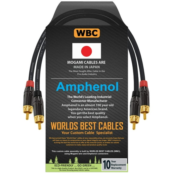 0.5 Foot – High-Definition Audio Interconnect Cable Pair CUSTOM MADE By WORLDS BEST CABLES – using Mogami 2964 wire and Amphenol ACPL Black Chrome Body, Gold Plated RCA Connectors