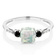 thumbnail image 2 of Gem Stone King 10K White Gold White Simulated Opal Black Diamond and White Diamond Accent 3-Stone Engagement Ring for Women (0.48 Cttw, Round Cabochon 6MM, Gemstone October Birthstone, Size 6), 2 of 5