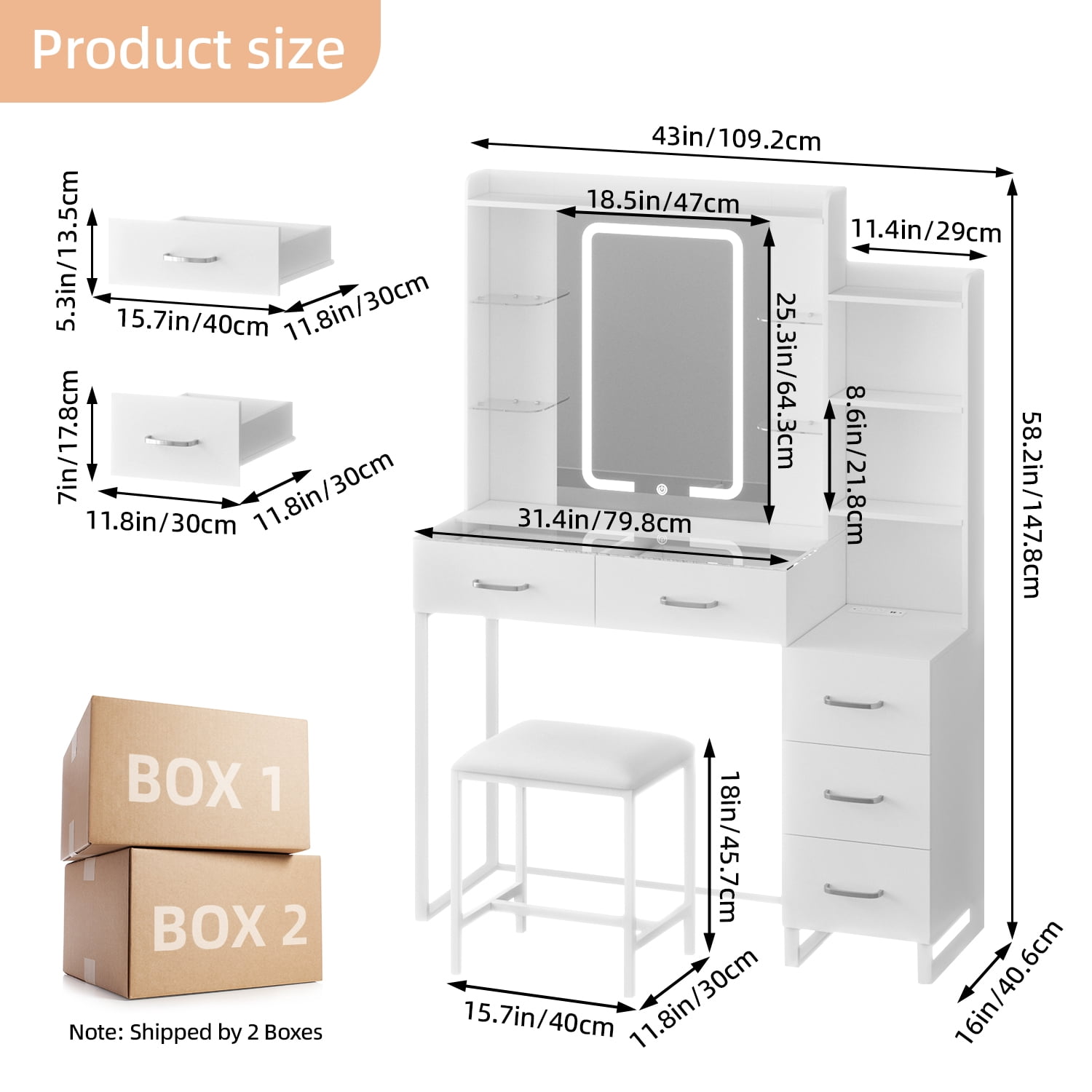 Tomnk 43" Vanity Desk with Stool, LED Mirror, Glass Top and RGB Drawers, White